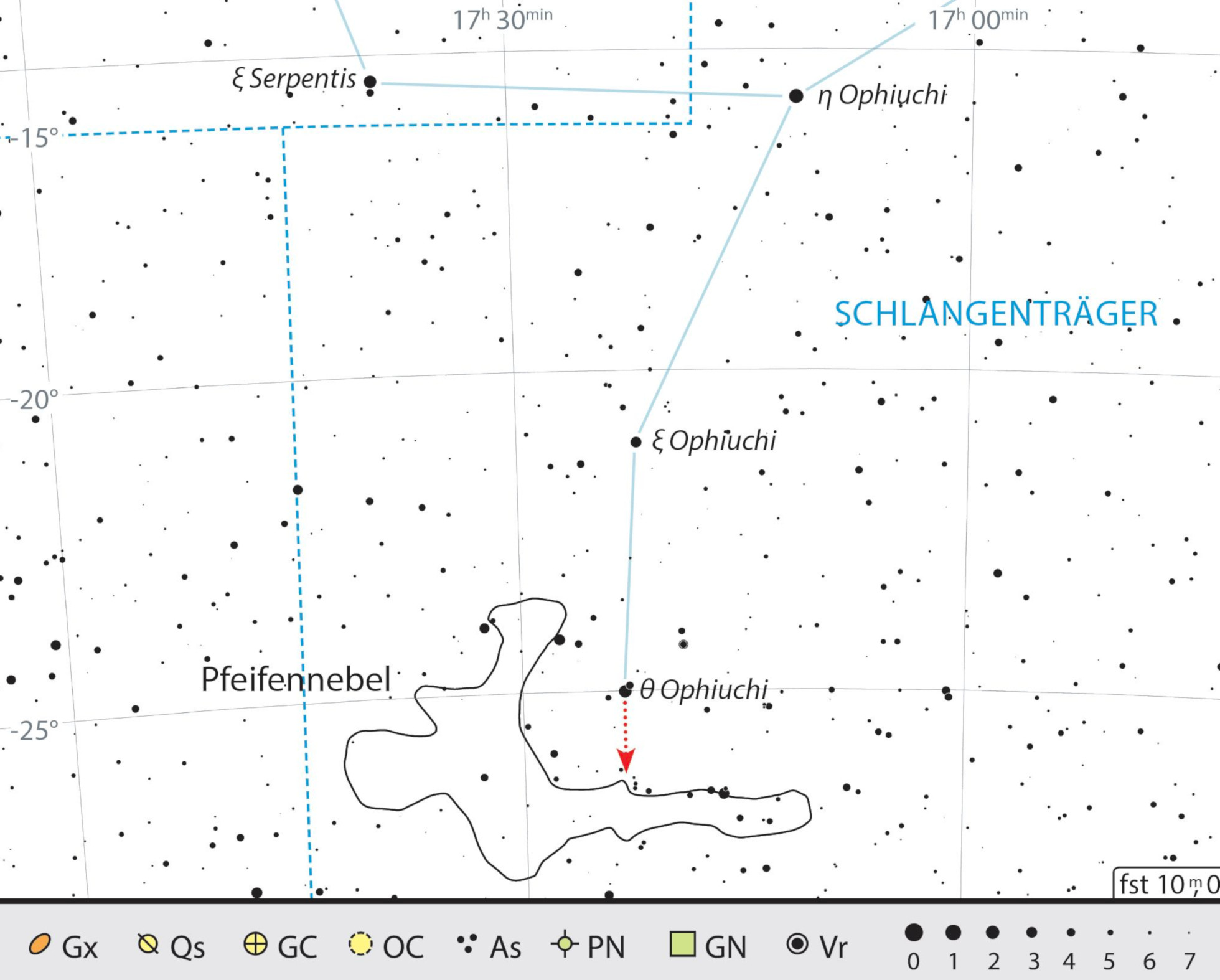 Mappa celeste per la nebulosa Pipa nella costellazione dell'Ofiuco. J. Scholten