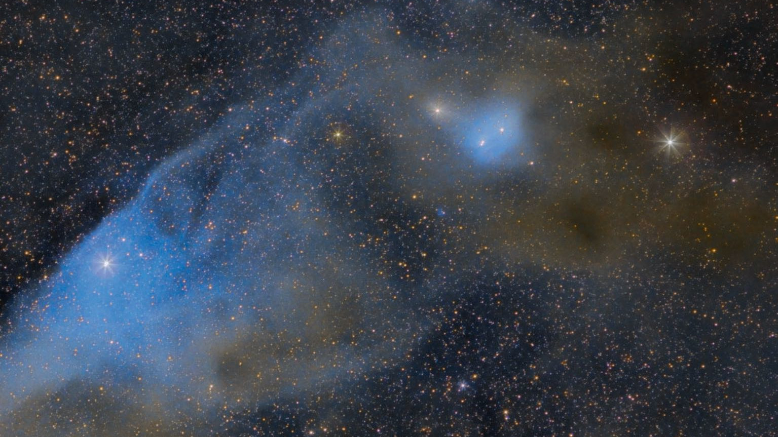 La nebulosa “Testa di Cavallo Blu” IC 4592 nello Scorpione (il nord è sotto). ν Scorpii è la stella sul dorso del naso ed è l’origine della colorazione bluastra. Sotto alle “orecchie” si riconosce la nebulosa IC 4601, anch’essa blu. Scott Rosen