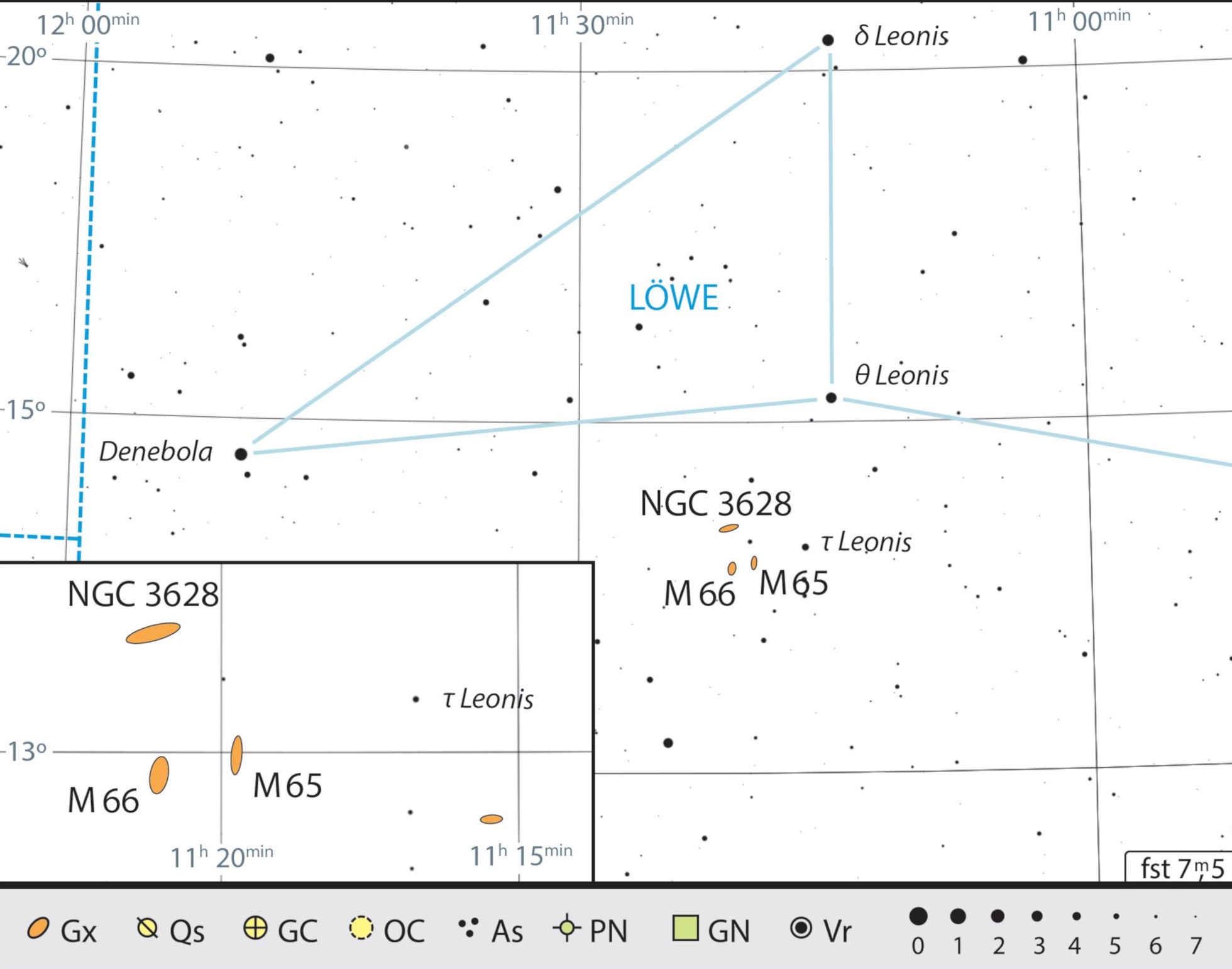 Da τ Leonis le galassie M65 e M66 distano solo pochi campi visivi di telescopio. J. Scholten
