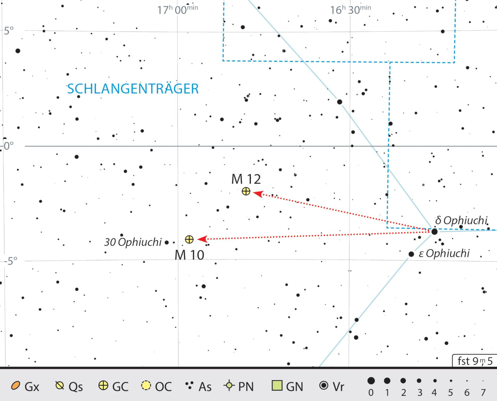 Mappa celeste per i due ammassi globulari M10 e M12 nella costellazione di Ofiuco. J. Scholten
