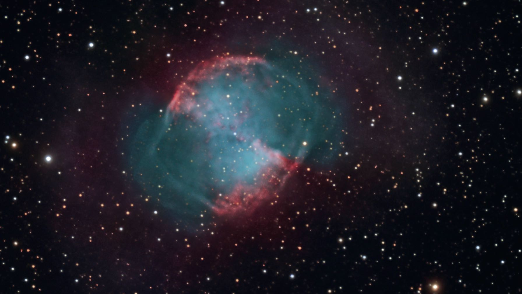 La nebulosa planetaria M27 può essere un oggetto gratificante anche per chi osserva dalle città. Con un filtro è possibile ammirare anche la sua forma a manubrio. Sebastian Voltmer/CCD Guide