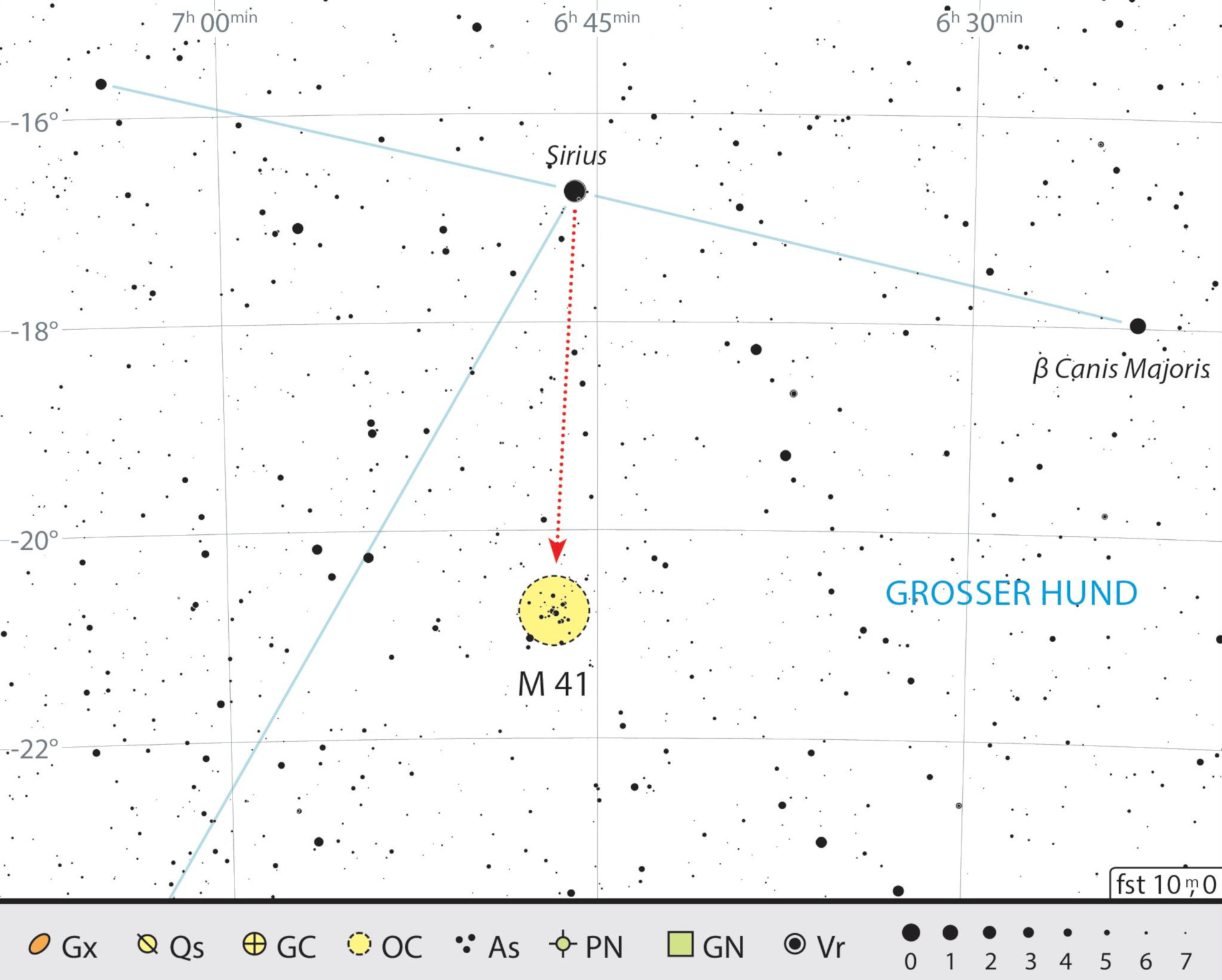 Mappa celeste per Messier 41 nella costellazione del Cane Maggiore. J. Scholten