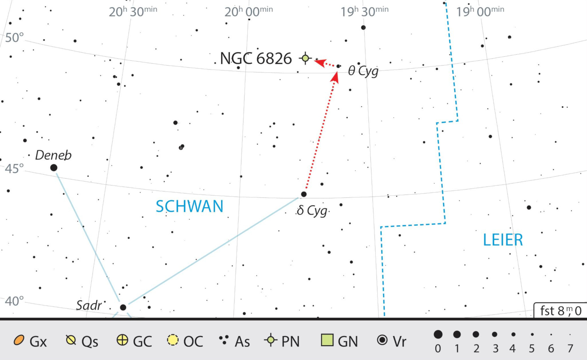 NGC 6826 si può individuare tramite le stelle δ Cygni e θ Cygni. J. Scholten