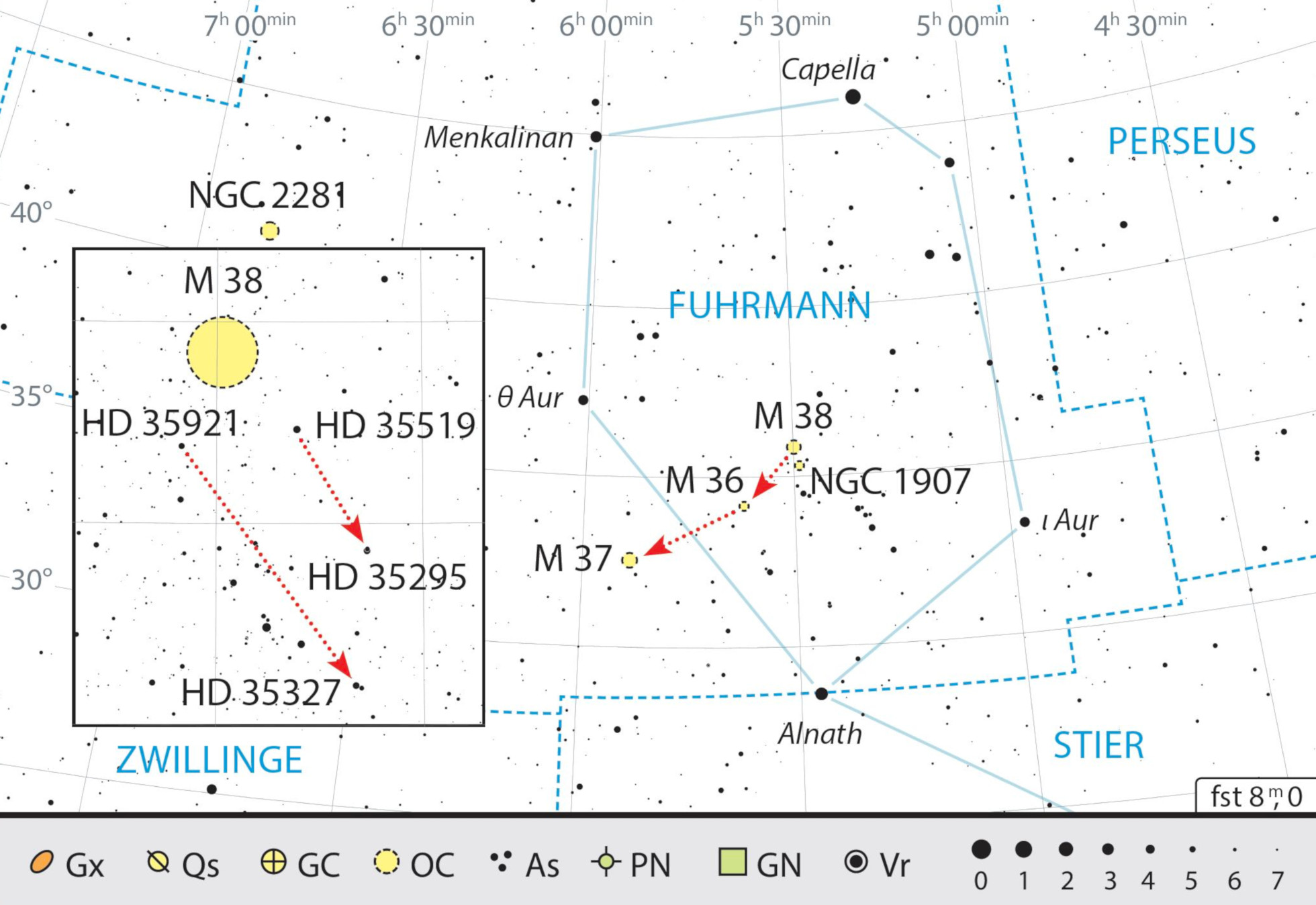 Mappa celeste per la costellazione di Auriga con gli oggetti consigliati. J. Scholten