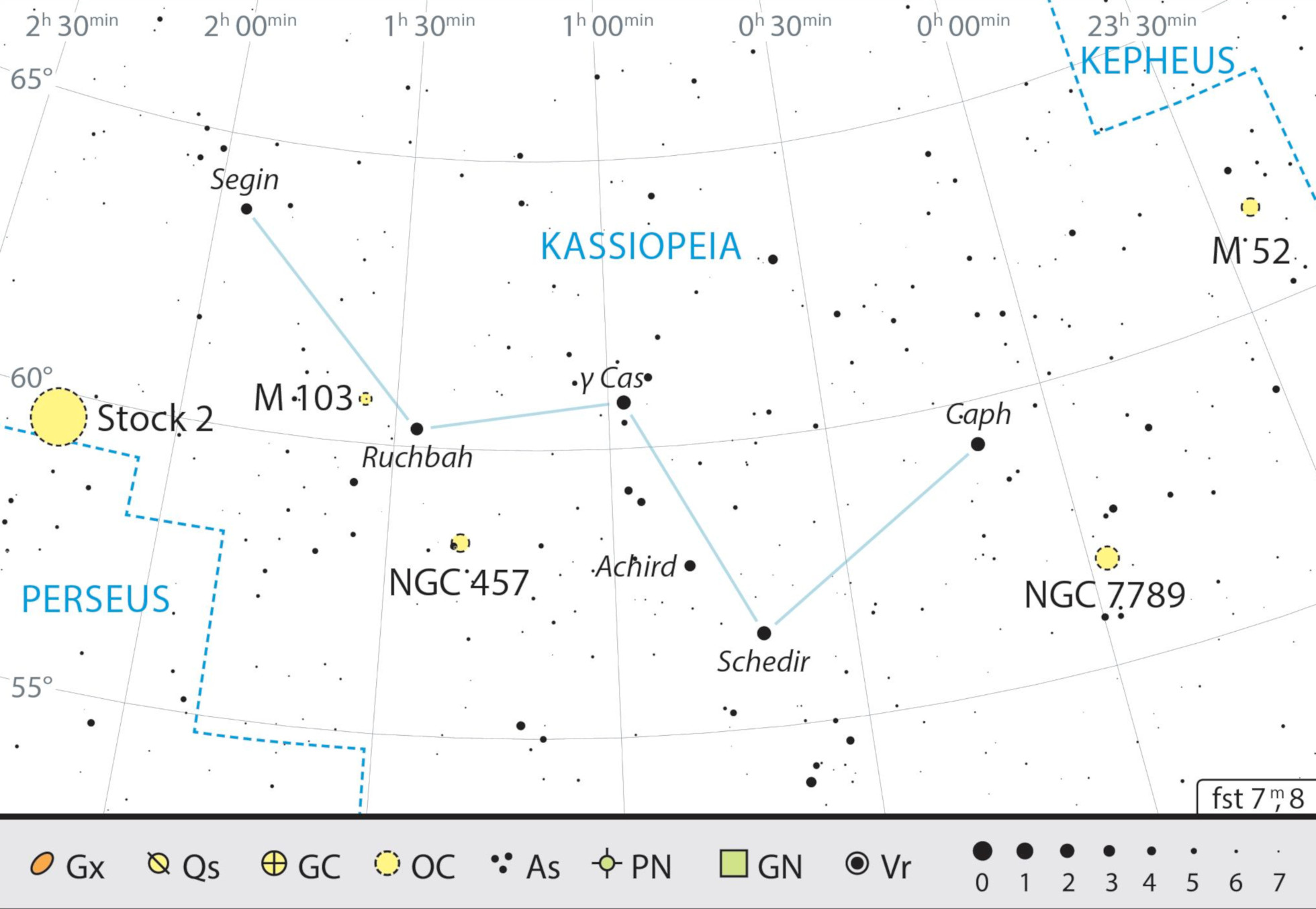 Mappa celeste per la costellazione di Cassiopeia con gli oggetti consigliati. J. Scholten
