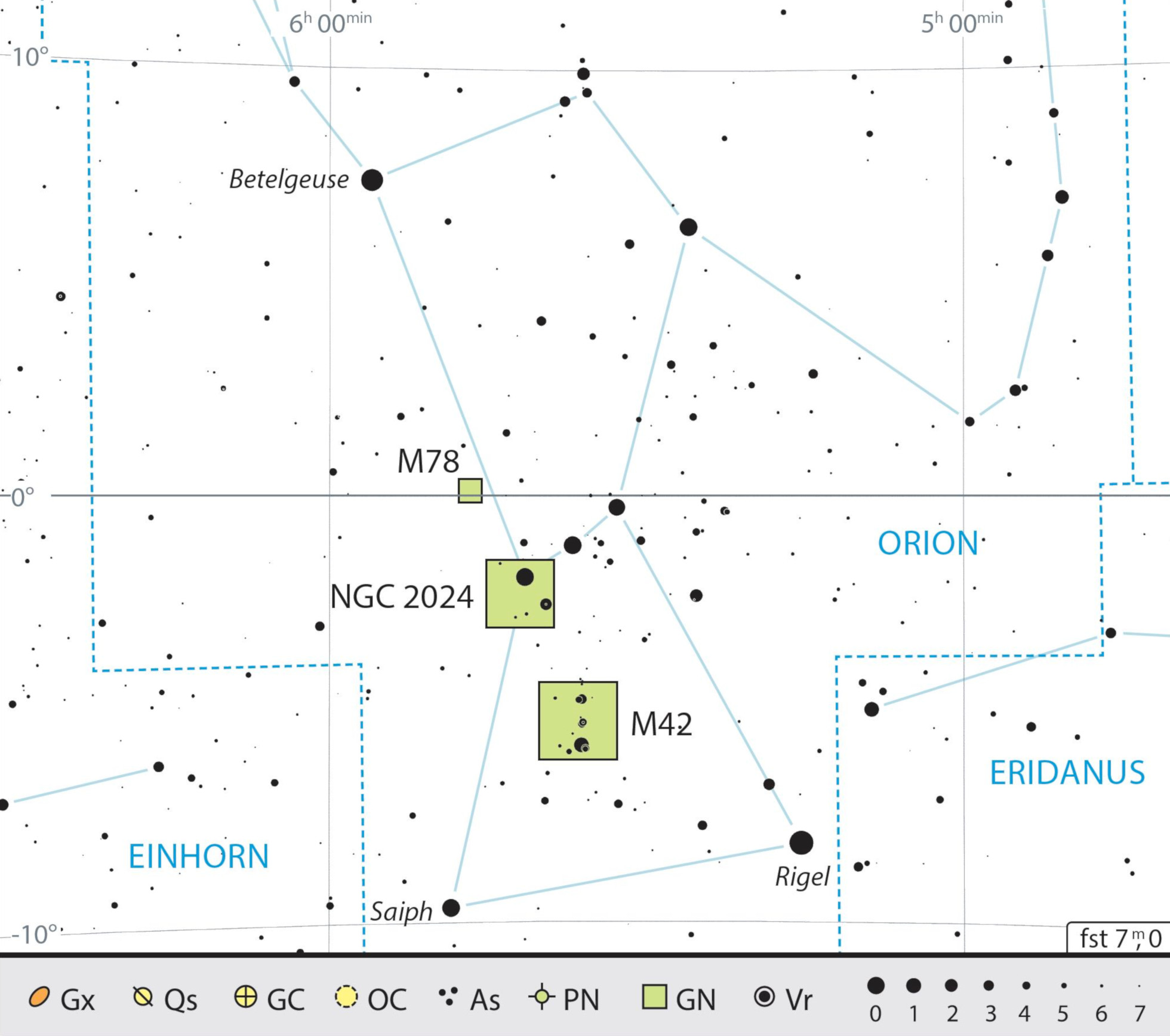 Mappa celeste per la costellazione di Orione, con gli oggetti consigliati. J. Scholten